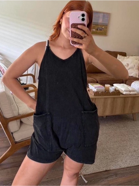 Automet Pants - Black Denim Romper with Front Pockets